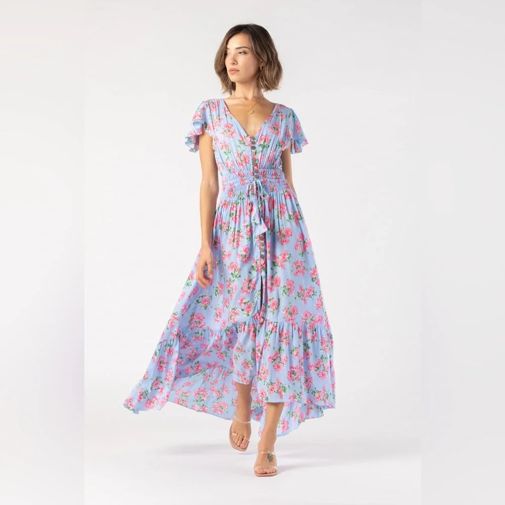 Tiare Hawaii New Moon Maxi Dress | Hibiscus Bouquet Baby Blue - Picture 5 of 14